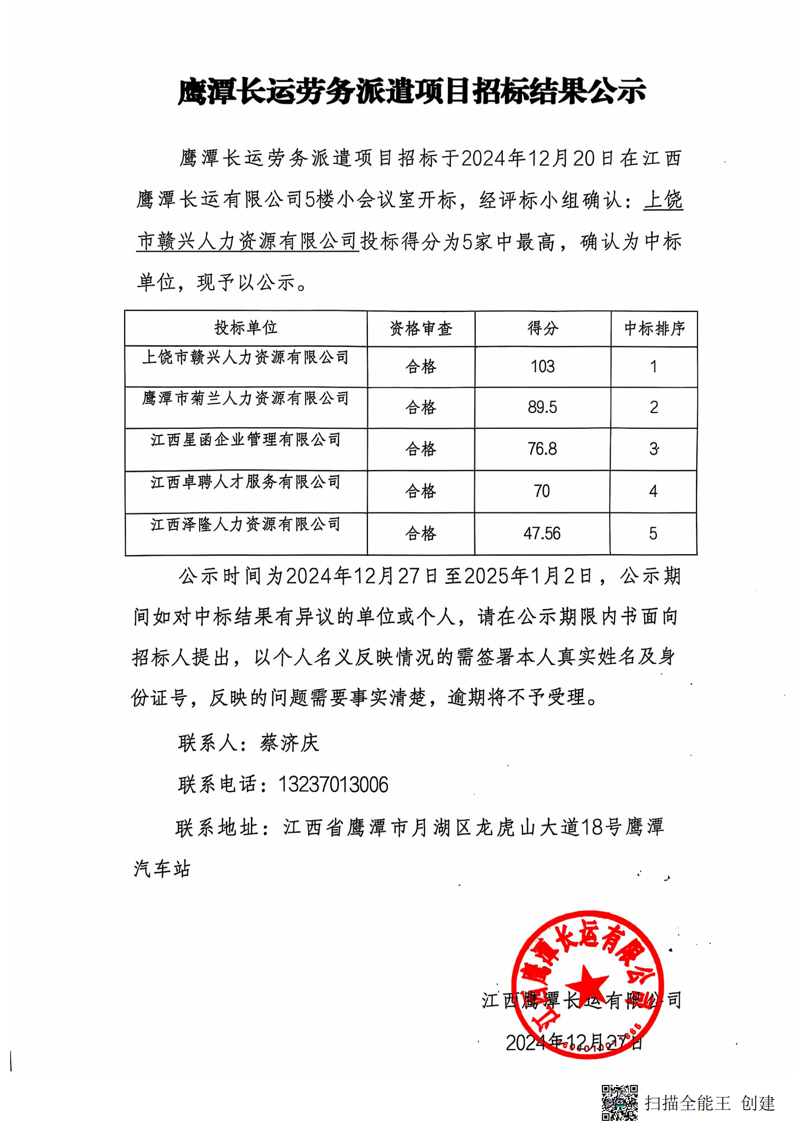 鷹潭長運(yùn)勞務(wù)外包項目招標(biāo)結(jié)果公示20241227